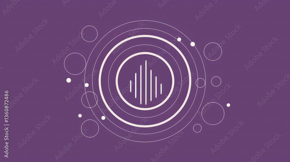 Poster abstract geometric design with concentric circles and dots on purple background
