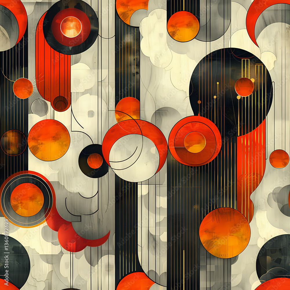 Poster abstract geometric seamless pattern with orange and black circles on striped background, modern retr