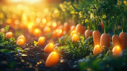 Radiant Carrot Field at Dusk with Soft Warm Light and Greenery