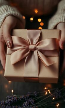  beige gift box s and warm string lights, 