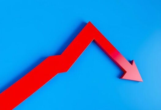 Blue background chart showing red down arrow, illustrating declining business growth, market crash, market