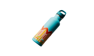 A reusable water bottle with a colorful design