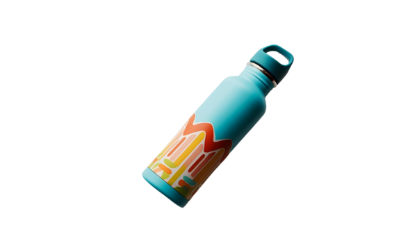 A reusable water bottle with a colorful design