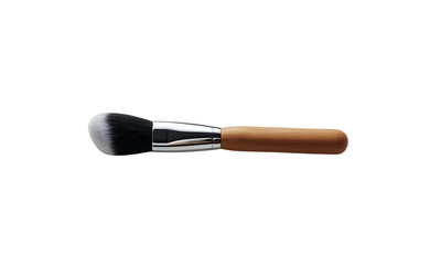 A cosmetic makeup brush with soft bristles and wooden handle