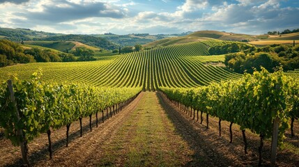 Fototapeta premium Tuscan Vineyard Landscape: Rolling Hills and Lush Green Vines