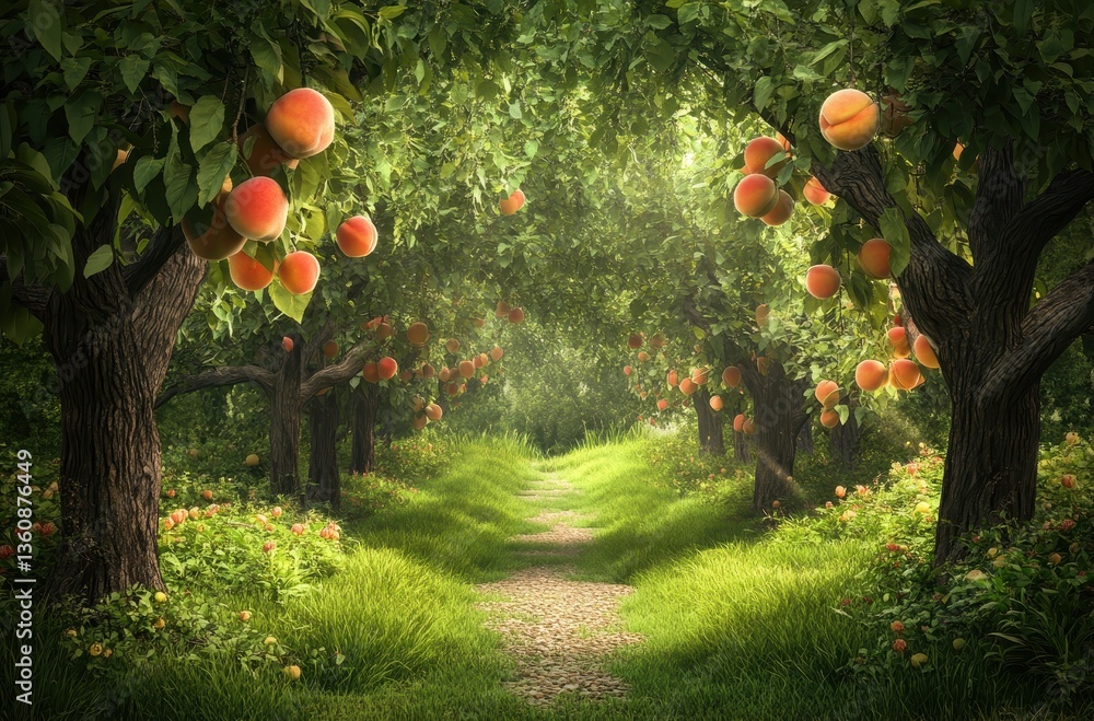 Poster lush peach orchard pathway surrounded by fruiting trees and colorful blossoms in a serene natural en