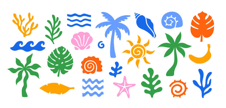 Abstract modern vector sea ocean vacation elements in simple wavy and groovy naive style. Design vintage trendy templates