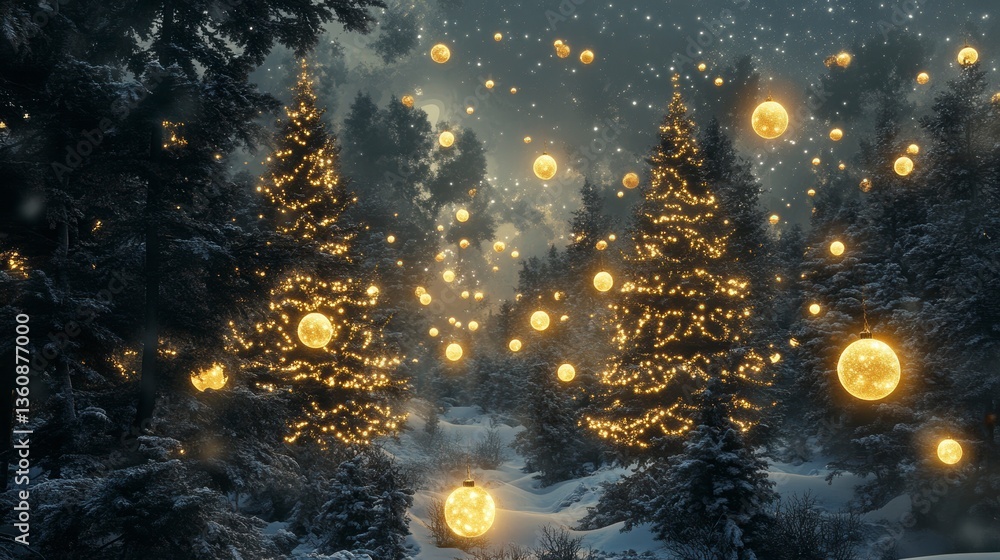 Poster magical winter forest scene with illuminated trees and glowing orbs falling from the sky.