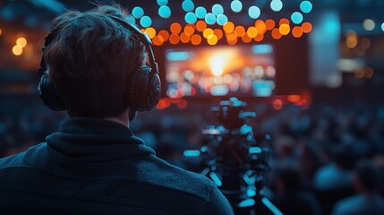Fototapeta premium Cameraman filming a large audience at a concert.