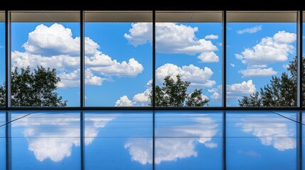 Stunning reflection of a blue sky and fluffy clouds in a modern building's polished floor, viewed through large panoramic windows.