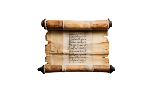 An ancient parchment scroll with weathered edges and faded writing