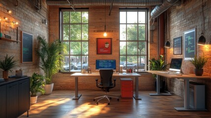 Modern Loft Office Workspace with Sunlight Streaming Through Large Windows