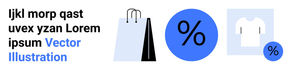 Shopping bag, bold percentage sign, and t-shirt design focus on retail, sales, discounts, fashion, e-commerce, marketing and shopping themes. Ideal for promotions simple landing page