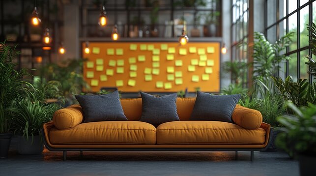 Modern Office Lounge: Yellow Sofa, Plants, and Noteboard