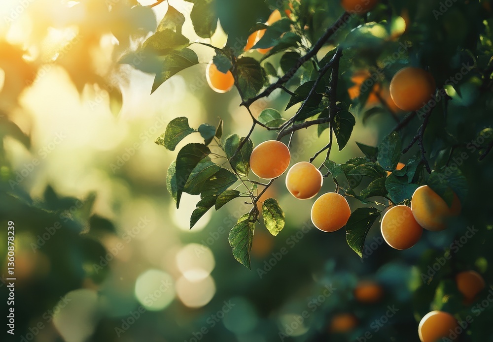Poster lush yellow oranges hanging from branches surrounded by green leaves with soft sunlight and bokeh ba