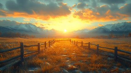Fototapeta premium Sunrise over snowy mountains, golden field, wooden fence