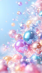 Pastel iridescent spheres floating, light blue background