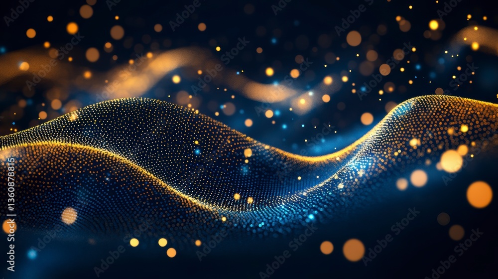Poster abstract blue and gold particle wave with bokeh lights.