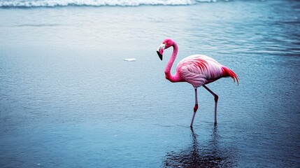 Vibrant flamingo wading through a desaturated lake its pink feathers in full color