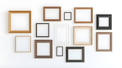 Empty picture frames hanging on white wall exhibiting modern interior design