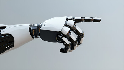 Artificial intelligence. Robot hand pointing at something on gray background, space for text