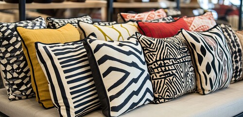 Colorful patterned cushions displayed in a retail store