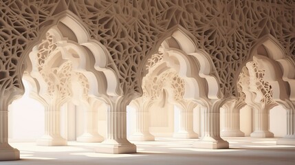 Obraz premium Elegant white arches with intricate Islamic patterns in a sunlit corridor,