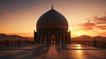 Obraz premium Majestic mosque with golden dome at sunset, reflecting serene beauty and architectural elegance.