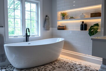 A chic, modern bathroom with a black-and-white color scheme, a freestanding tub with a matte black faucet, geometric tiles on the floor, and sleek floating shelves, illuminated by soft LED lights, 