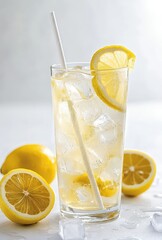 Refreshing Lemonade Drink with Ice and Lemon Slices in a Clear Glass, Perfect for Summer Days and Outdoor Gatherings or Parties