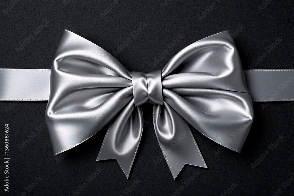 Poster elegant silver bow tied on a dark surface. the shiny ribbon is neatly folded and looped, creating a 