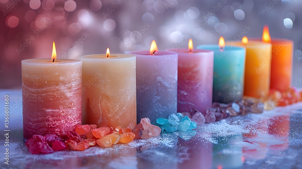 Poster colorful burning candles with pretty gems and sparkle background, creating a warm and relaxing atmos