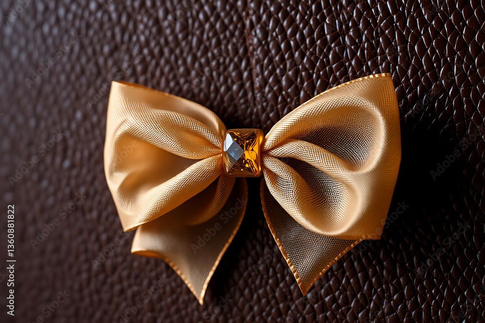 Poster golden fabric bow with a sparkling gem at its knot rests on a dark brown textured backdrop. the bow 