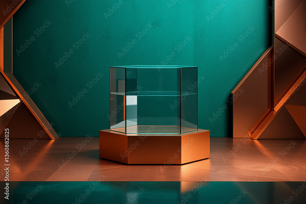 Poster empty glass display case sits on a copper octagonal base against a teal backdrop with copper geometr