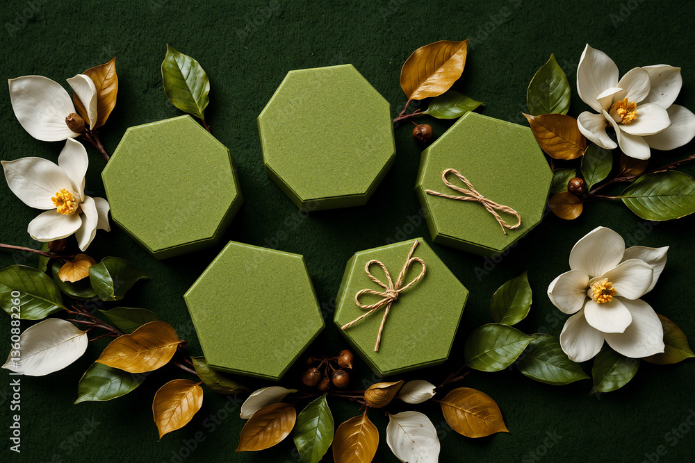 Poster elegant octagonal green boxes are arranged with white flowers and foliage on dark green. two boxes a