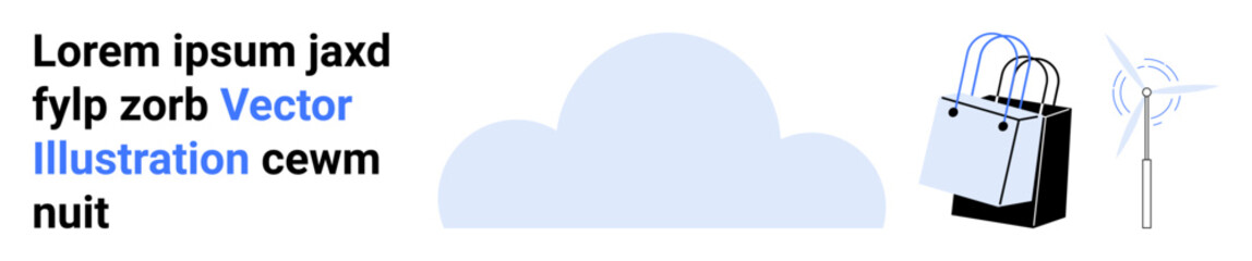 Cloud next to shopping bags and windmill emphasizing renewable energy, eco-conscious shopping, and technology. Ideal for sustainability, renewable energy, e-commerce, eco-lifestyle, green energy