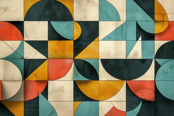 Fototapeta premium A colorful geometric seamless pattern with interlocking squares, triangles, and circles in hues of turquoise, coral, and mustard, placed on a light gray background,