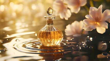 Perfume bottle floating on water with flowers and golden light creating ripples