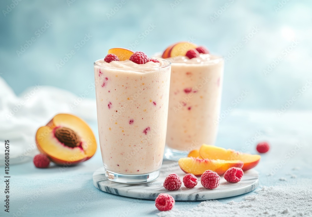 Poster refreshing peach and raspberry smoothies with vibrant colors and creamy texture, perfect for hot sum