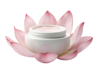Cream container placed on a pink lotus flower for beauty display  on Transparent Background