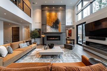 A contemporary living room with clean lines, minimalist design, plush seating, and a dramatic focal point like an oversized fireplace or a large piece of abstract art