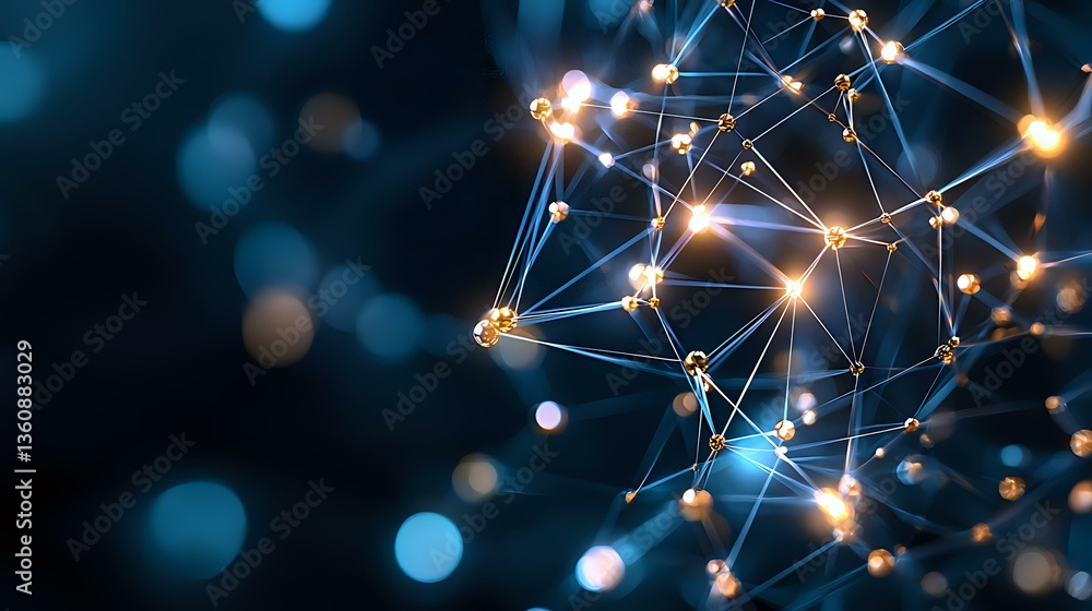 Poster glowing network connections with illuminated nodes forming abstract digital mesh structure against d