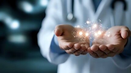 Medical professional in white coat holds glowing magical particles in cupped hands against dark background, representing healing energy and innovative healthcare solutions.