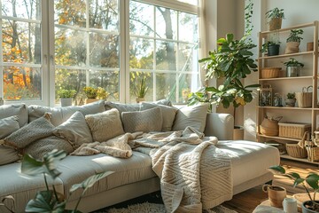 A cozy, modern living room with a large sectional sofa, soft wool throw blankets, wooden shelving units, and an indoor plant corner, featuring large windows and natural sunlight