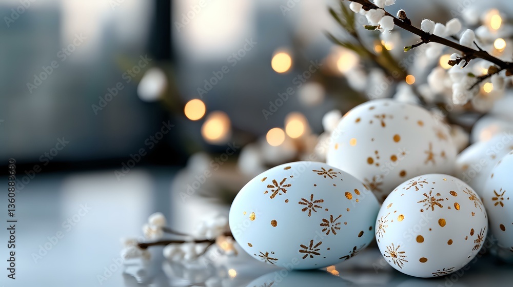 Poster decorative easter eggs in pastel blue and white with delicate gold snowflake patterns arranged with 