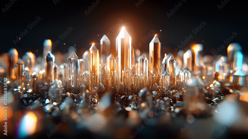 Poster glowing crystal quartz points emerge from dark surface with warm orange backlight creating magical a