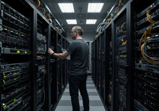 A man working in a server room full of computers and cables, monitoring screens and connecting wires meticulously.