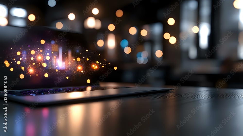 Aufkleber glowing laptop keyboard in dark room with magical bokeh light effects and sparkles creating dreamy a