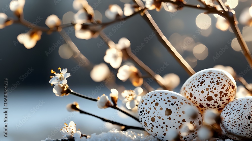 Poster delicate spotted bird eggs nestled among spring branches with soft bokeh lights, creating dreamy nat