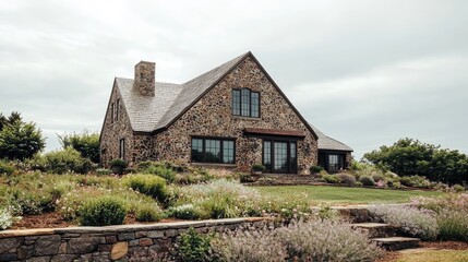 Fototapeta premium Scenic vineyard resort with rolling hills, a rustic stone villa, and a relaxing wine-tasting area.